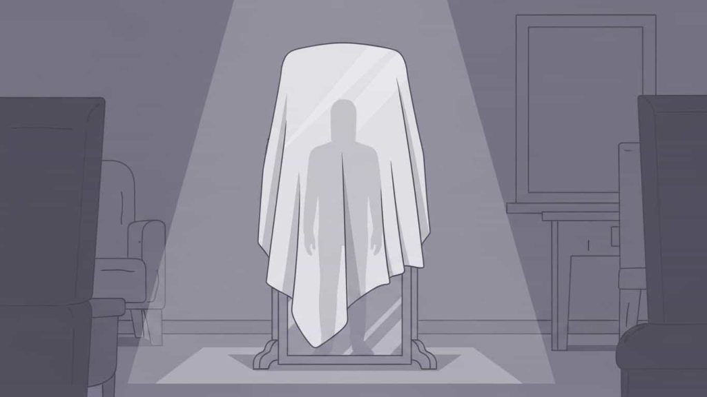 Flat cartoon of a covered mirror hinting at spirits being trapped inside according to folklore.