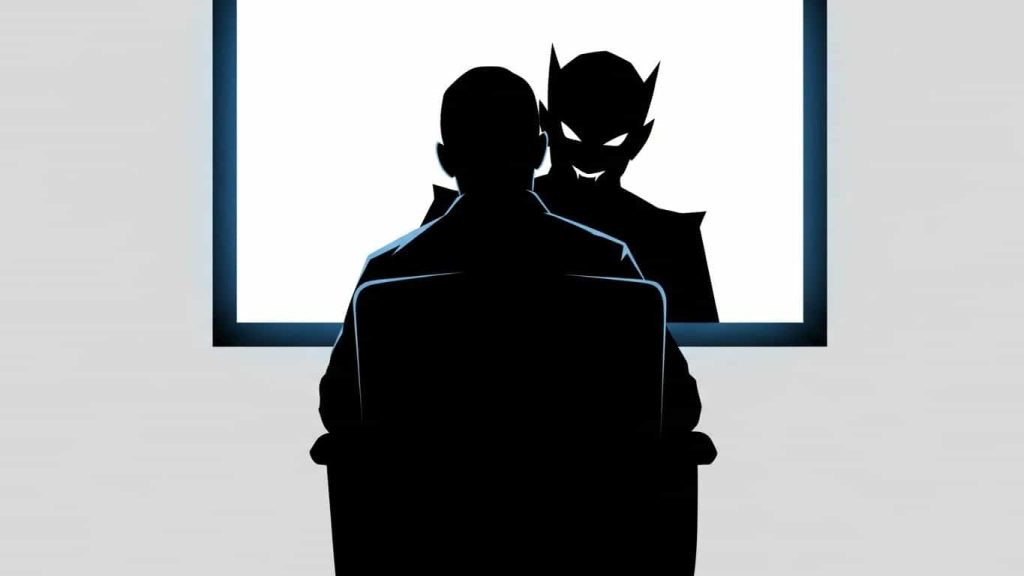 Silhouette of a person viewing their eerie double on a screen to represent film portrayals.