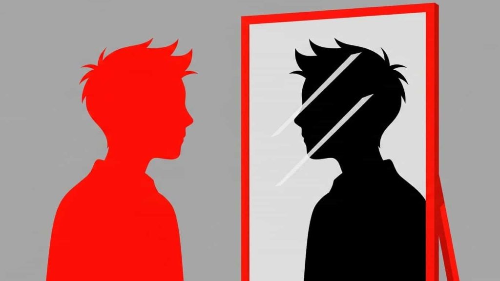 Flat cartoon illustrating a character confronting their mirrored doppelgänger, inspired by Us.