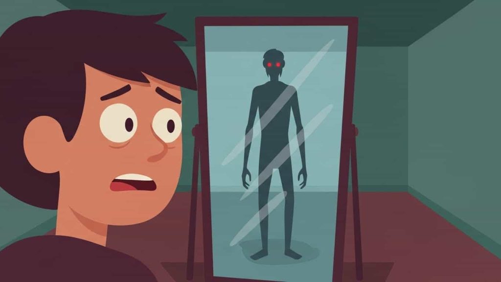 Flat cartoon of a mirror revealing a threat in a blind spot behind the character.