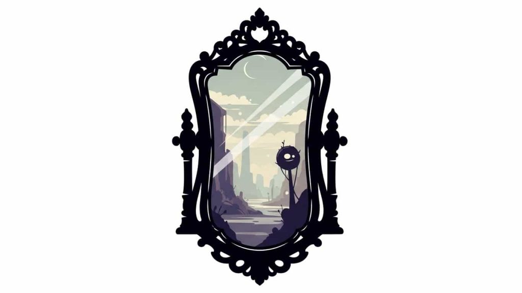 Silhouette mirror showing faint alternate world.